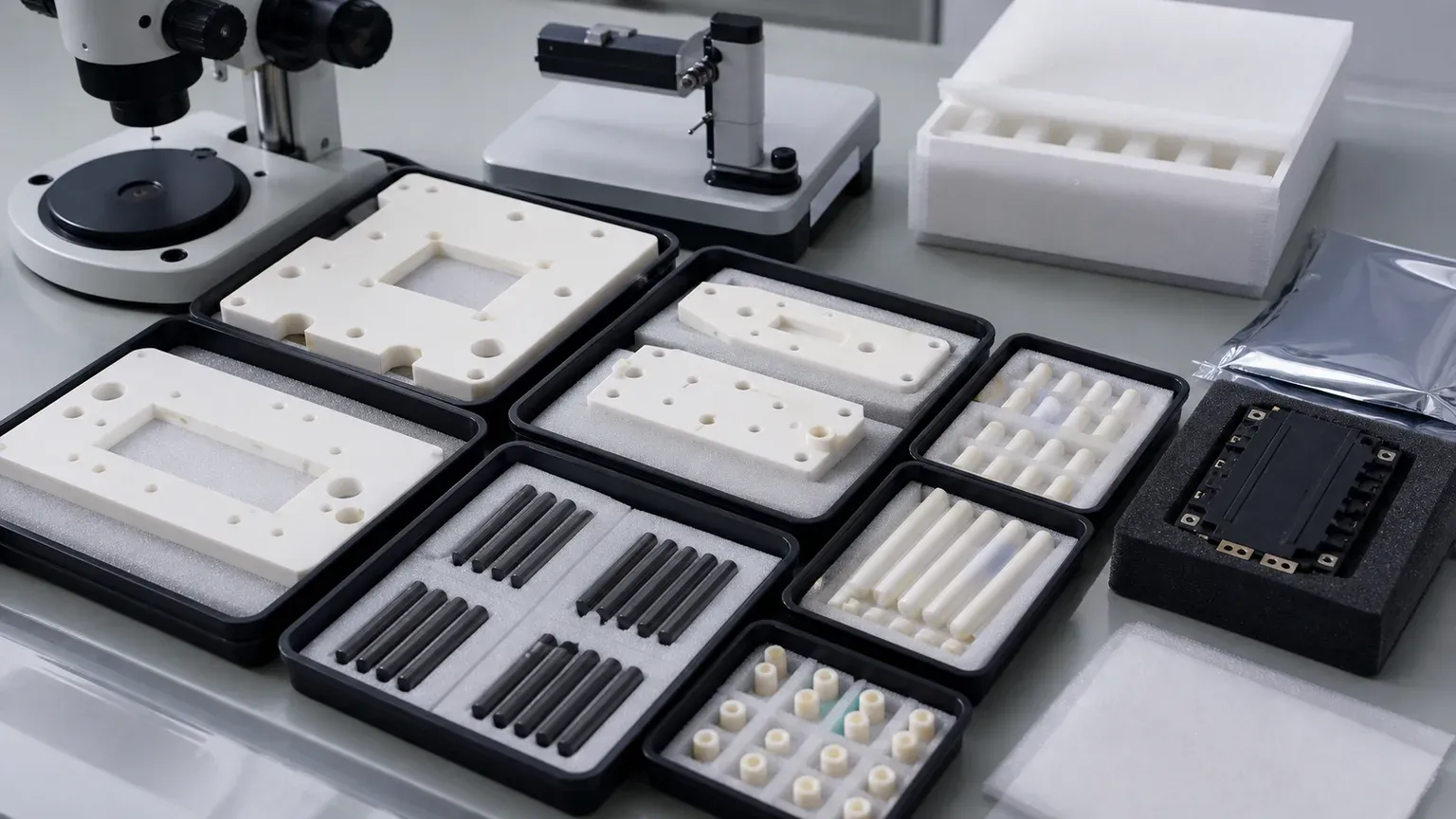 Clean packaging and inspection setup for alumina ceramic power module fixtures, zirconia pins, silicon nitride guide pins, spacers, and protected trays