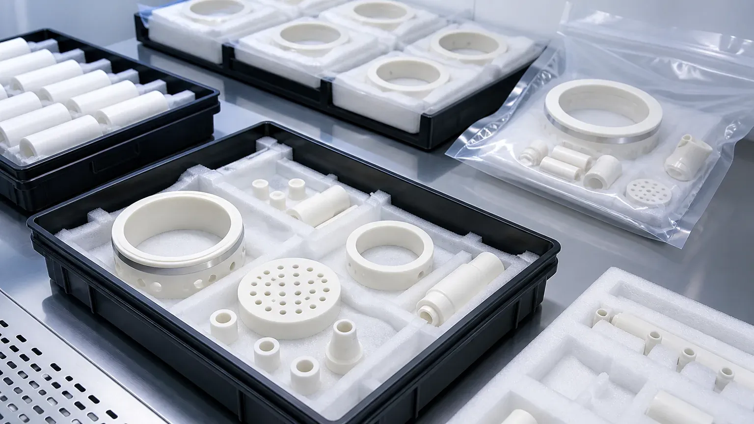 Clean packaging for precision alumina ceramic semiconductor equipment parts with separated rings, sleeves, nozzles, and micro-hole plates