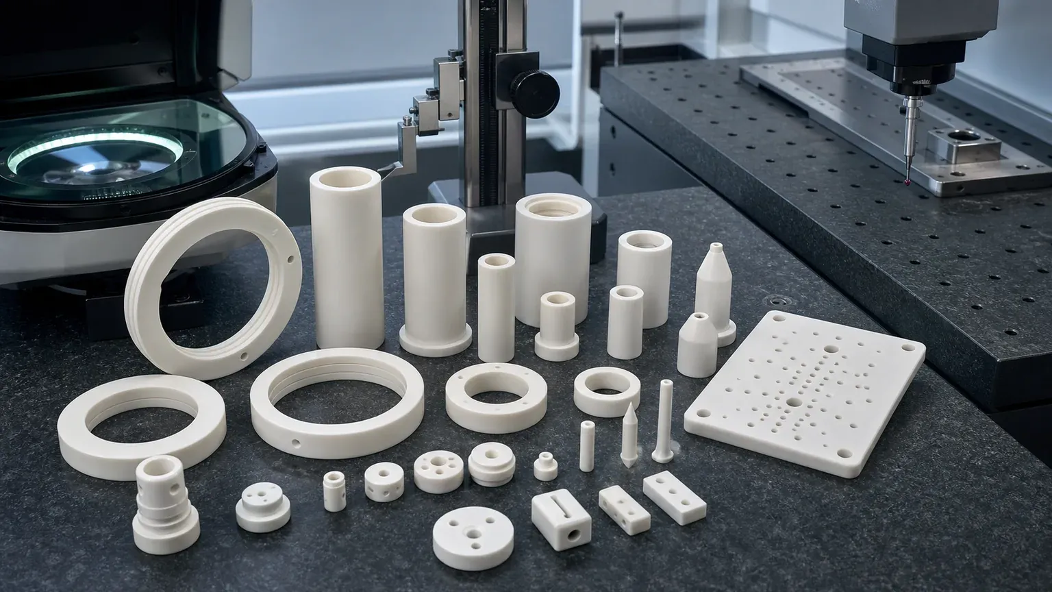 Inspection gate for machined alumina ceramic semiconductor components with rings, micro-hole plates, nozzles, bores, and metrology tools