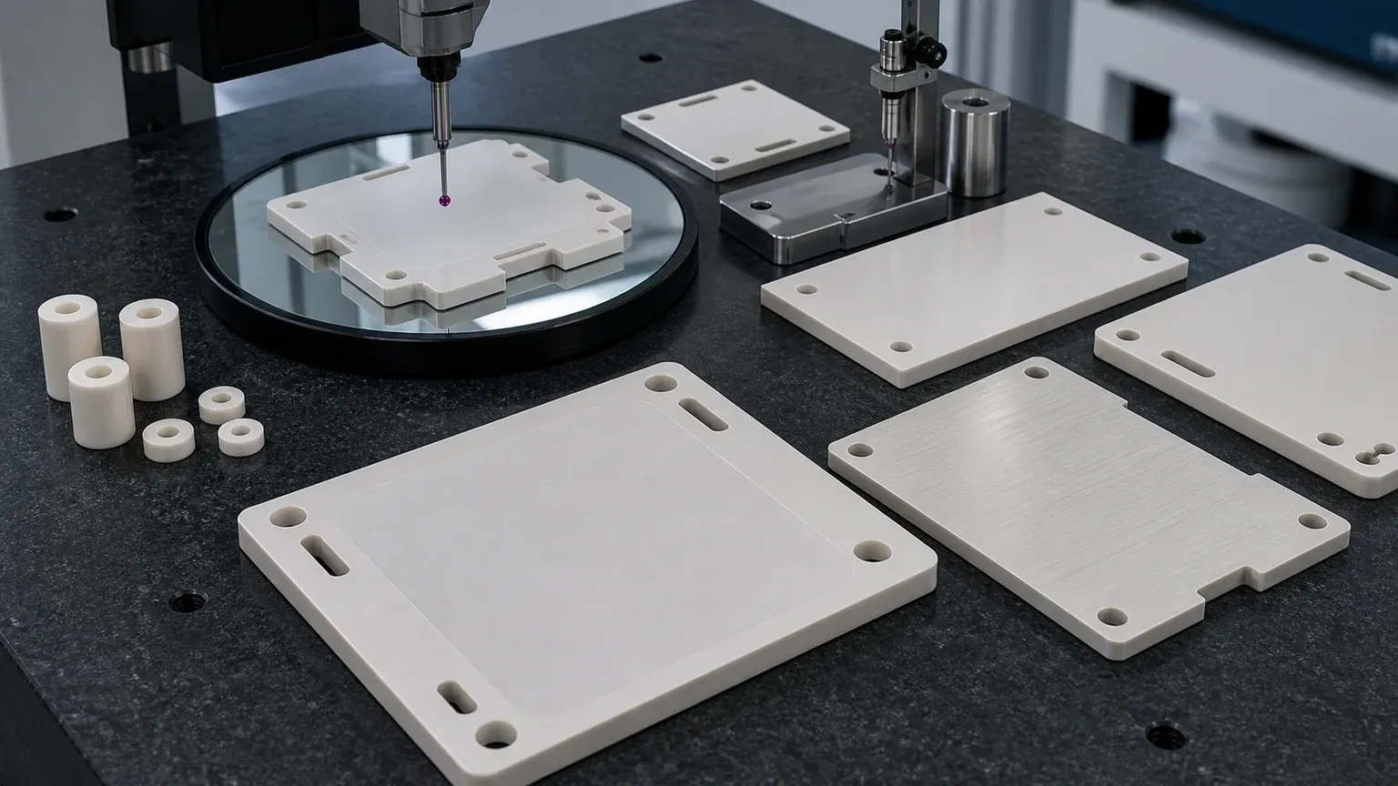 Aluminum nitride heat spreader plates under flatness and thickness inspection for power electronics RFQs