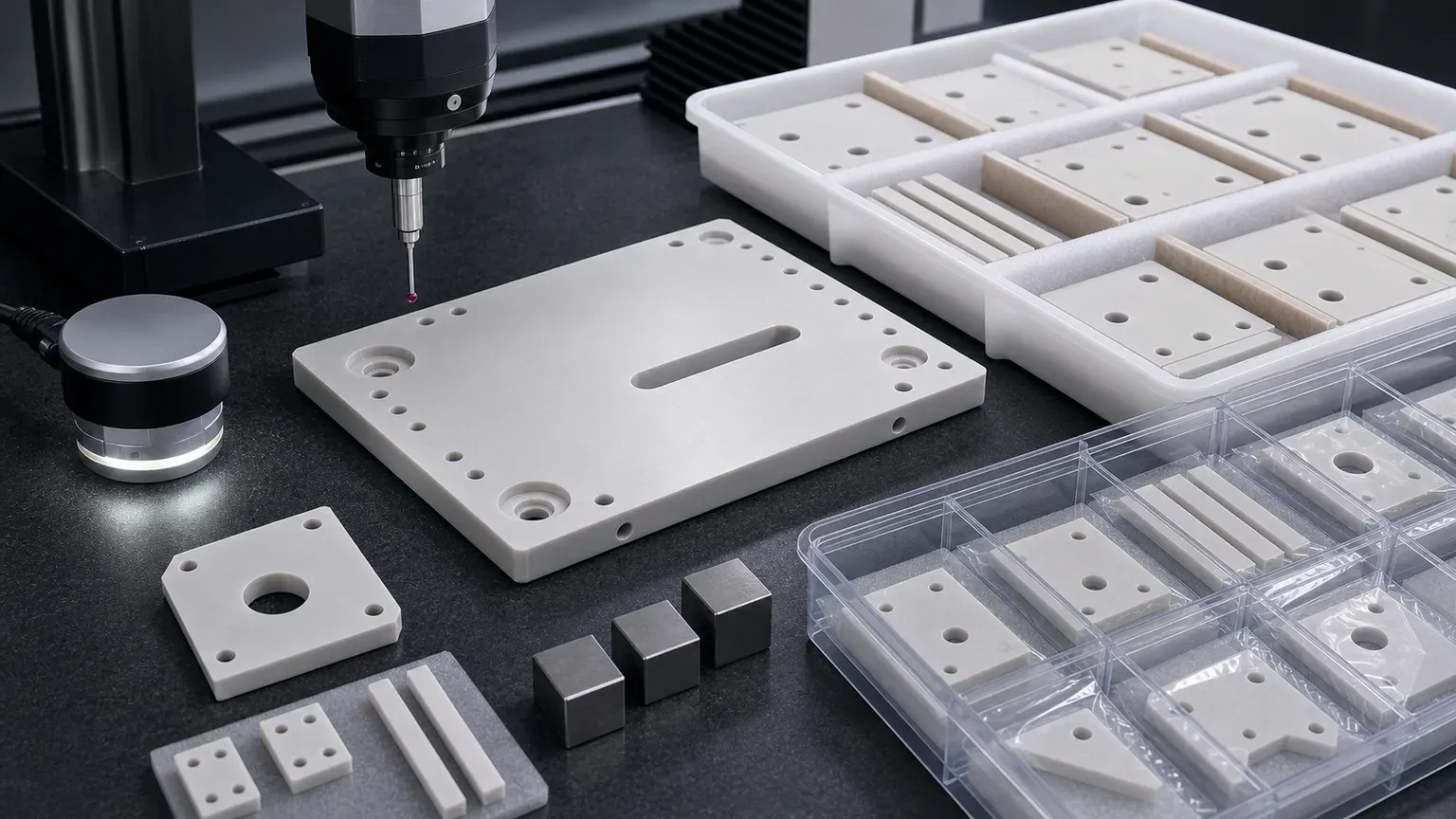 Final inspection and clean tray packaging setup for AlN semiconductor thermal plates, spacers, carriers, and heater-adjacent ceramic parts