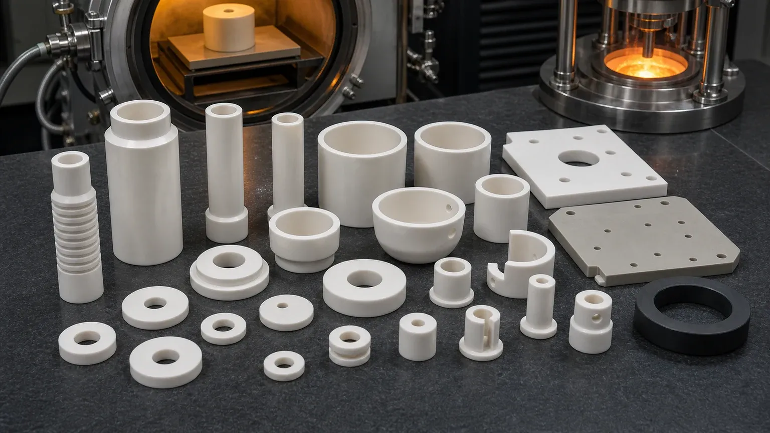 Boron nitride ceramic high-temperature insulation parts arranged with vacuum furnace, molten metal, and technical ceramic application context