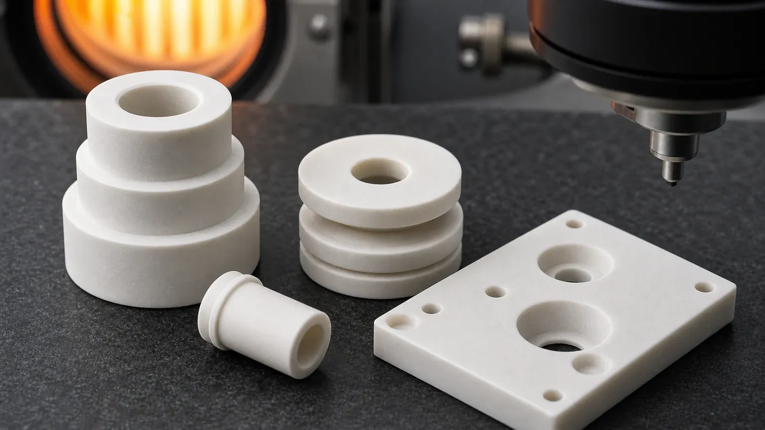 Boron nitride ceramic insulator components with precision bores, sleeves, spacers, washers, and machined furnace fixture details