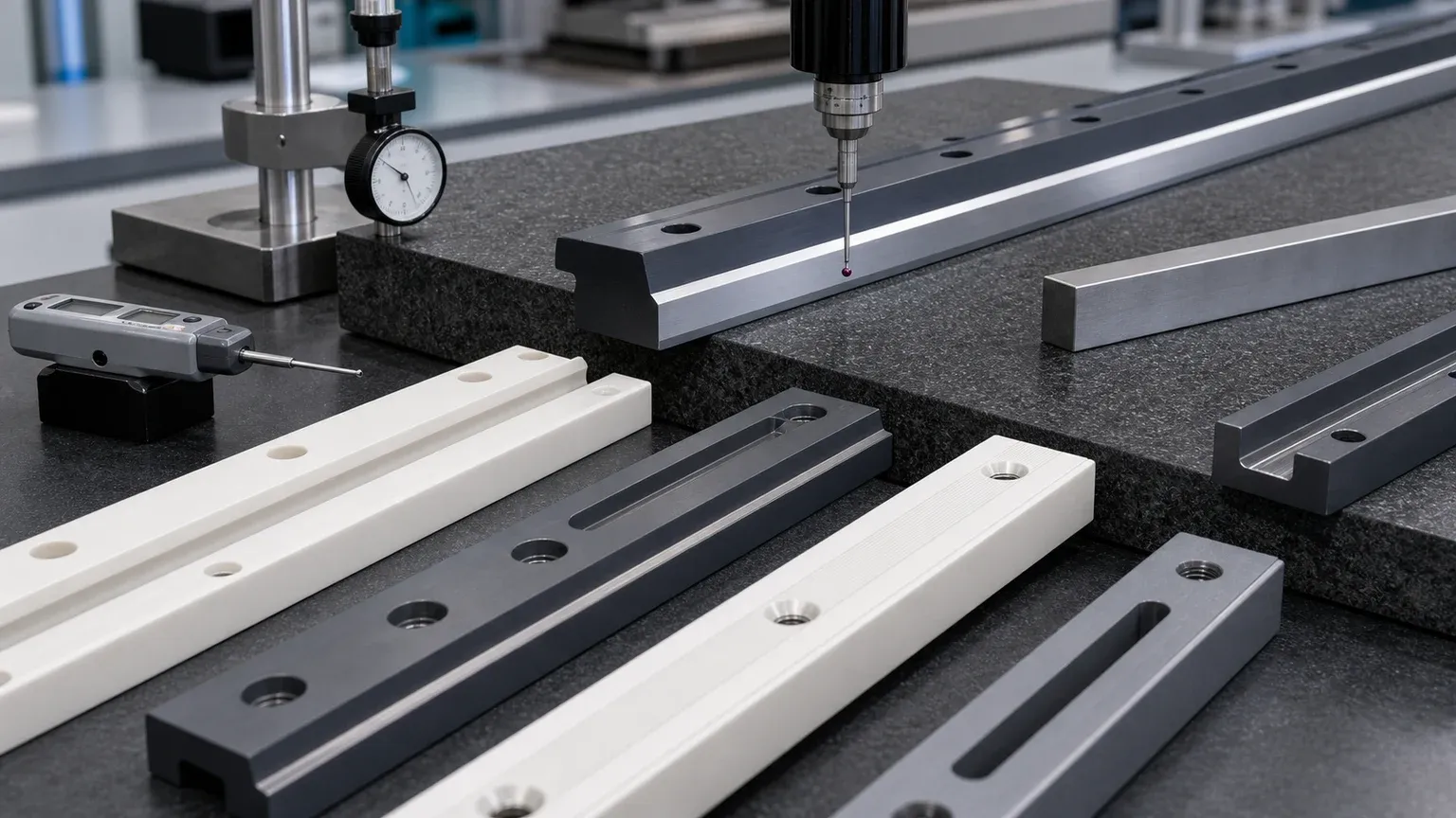 Inspection of ceramic guide rails for straightness, flatness, slot position, mounting holes, contact-face Ra, and edge quality