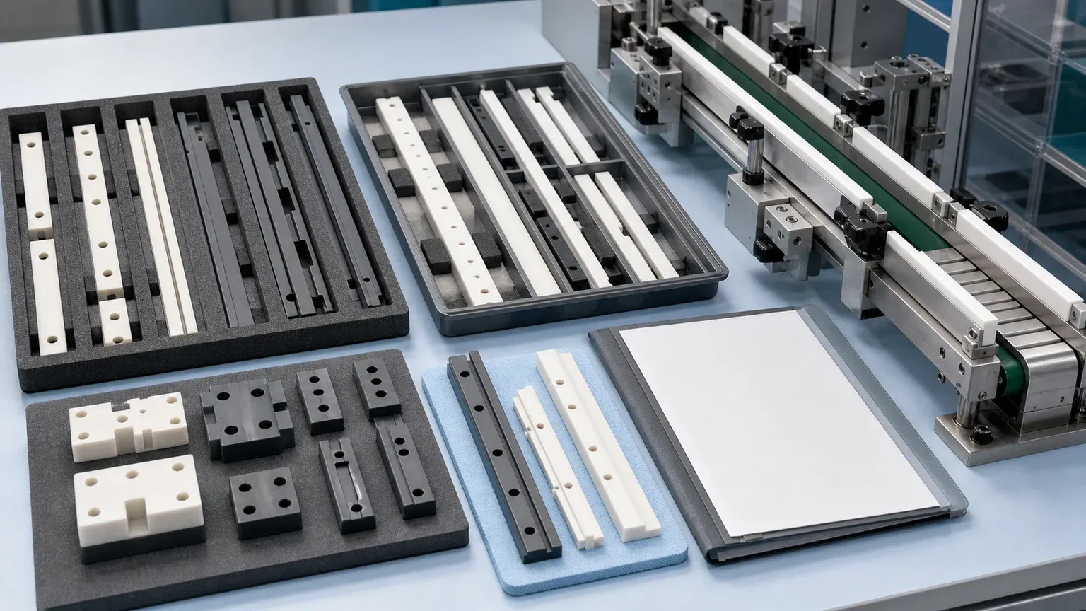Clean packaging and installation-ready ceramic guide rails, wear strips, and guide blocks for automated production-line fixtures