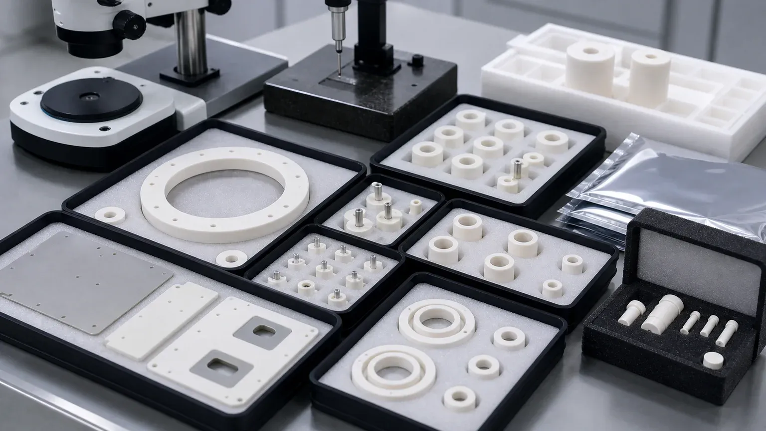 Inspection and protective packaging setup for plasma etch and deposition ceramic insulators with alumina rings, AlN plates, sleeves, clean trays, and metrology tools