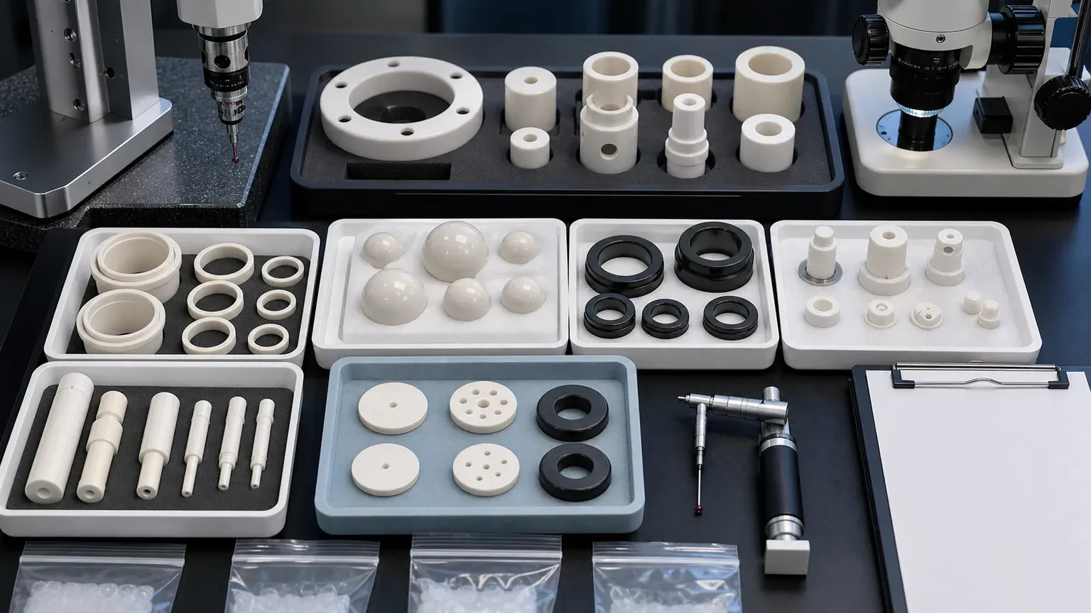 Clean QA and packaging layout for alumina valve seats, zirconia valve balls, SiC trim rings, ceramic sleeves, plungers, check discs, CMM probe, microscope, and protected trays