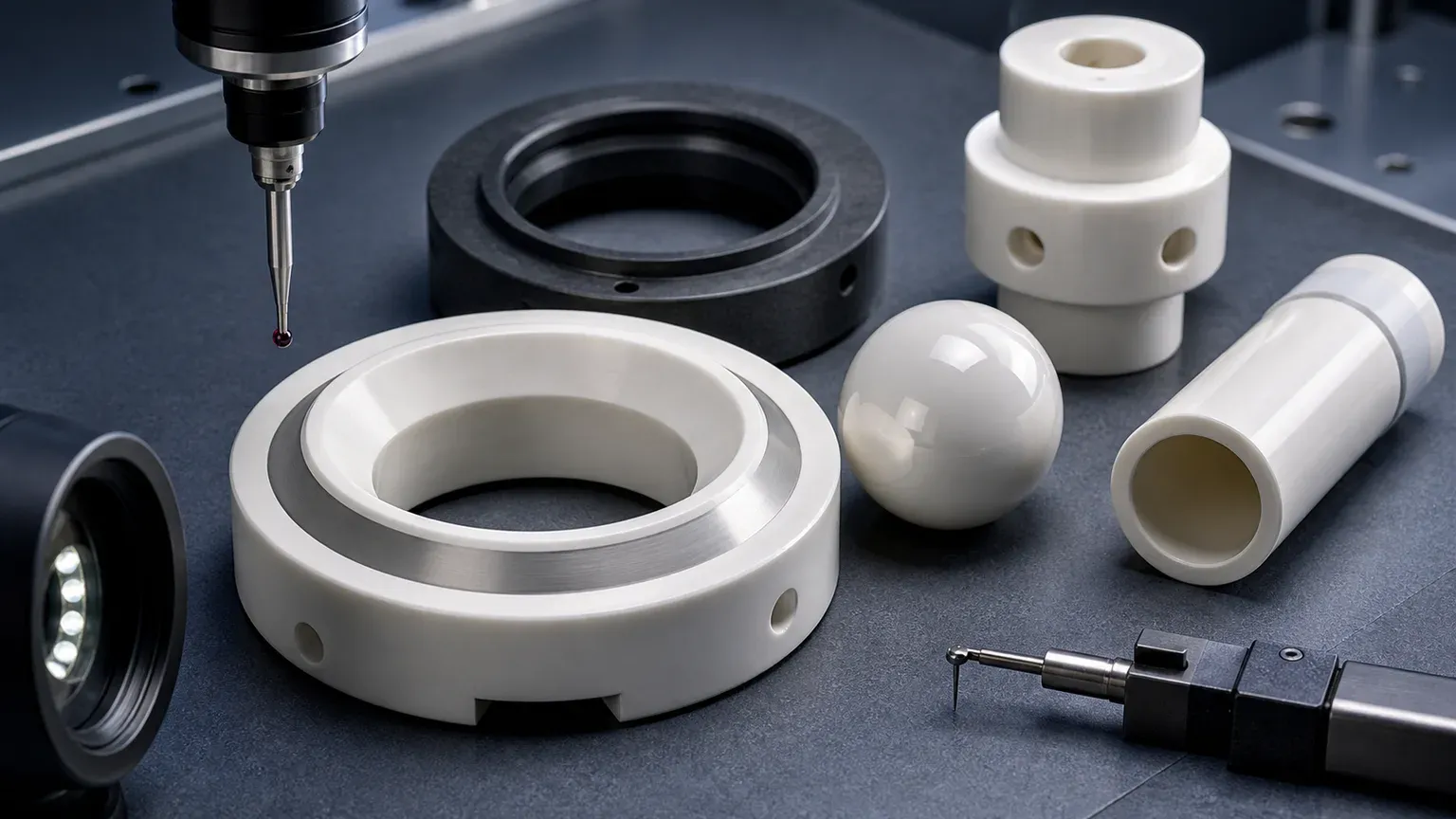 Macro inspection view of ceramic valve seat contact geometry, zirconia ball, SiC trim ring, ceramic sleeve, flow ports, CMM probe, and lapped sealing land