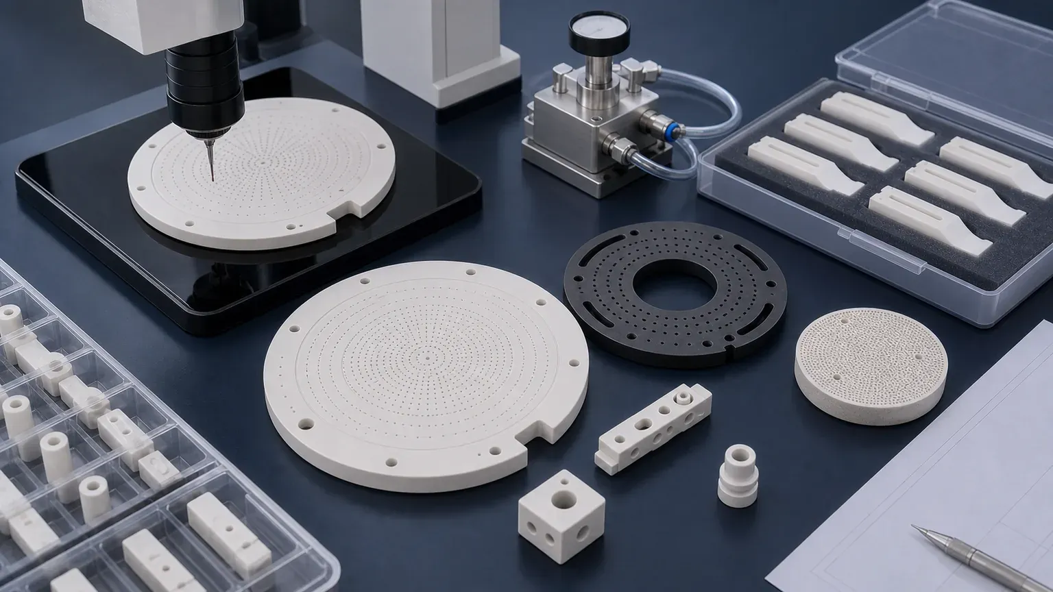 Inspection gate for machined ceramic vacuum chuck components with optical inspection, vacuum test fixture, protected trays, and blank drawing