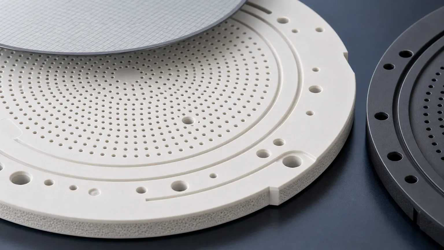 Machined ceramic vacuum chuck working surface with concentric grooves, dense micro-hole field, lapped datum lands, and SiC contrast ring