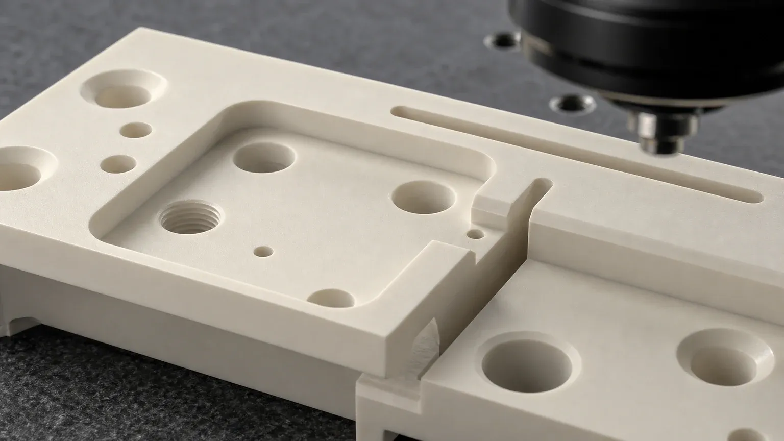 Macor machinable glass ceramic prototype fixture with drilled holes, tapped threads, slots, pockets, and inspection detail