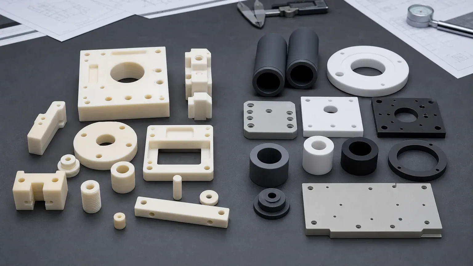 Macor prototype parts compared with sintered alumina, silicon nitride, silicon carbide, and aluminum nitride production ceramic components