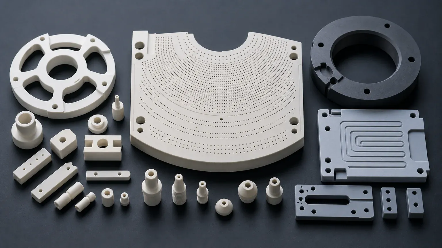 Precision semiconductor ceramic component families including vacuum chuck, SiC ring, AlN plate, nozzles, and alumina spacers