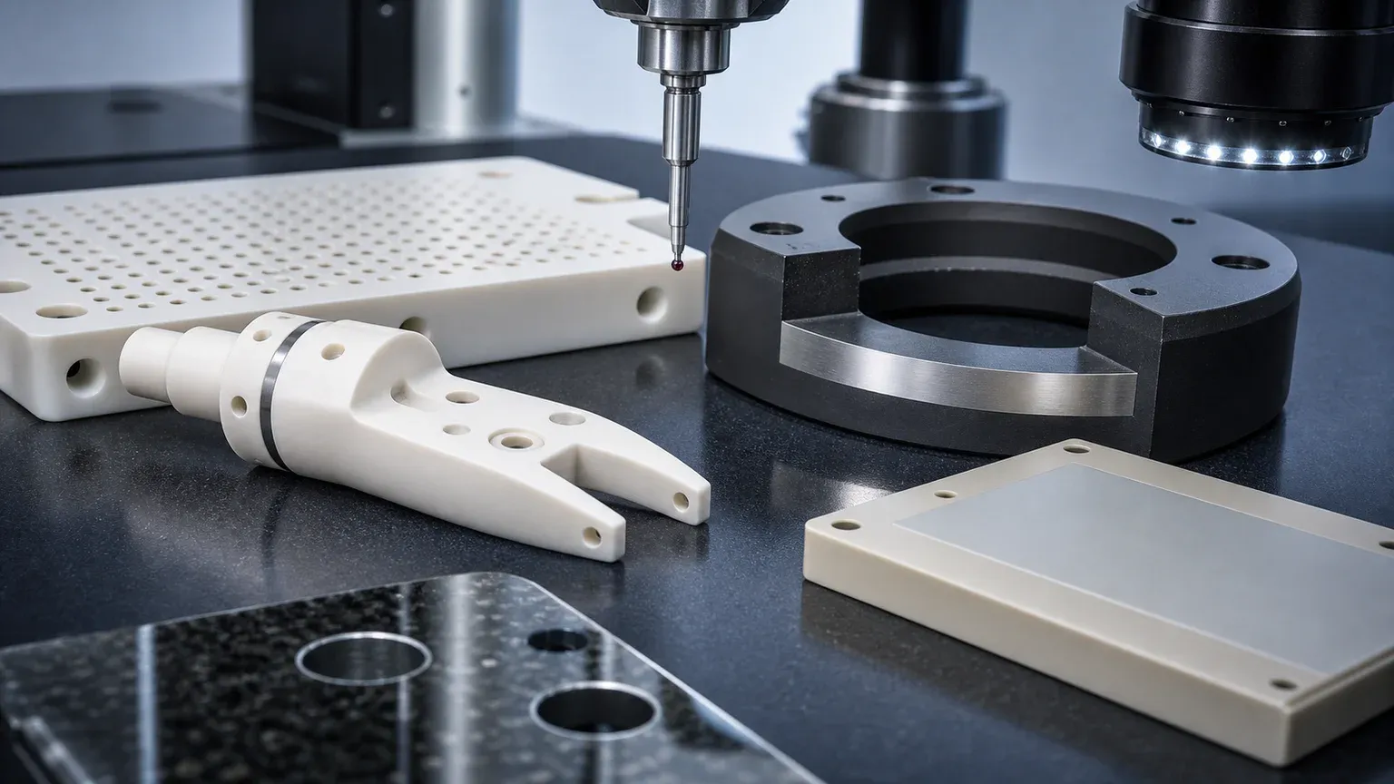 Inspection setup for semiconductor ceramic components with datum pads, micro-hole fields, lapped SiC ring, and AlN plate