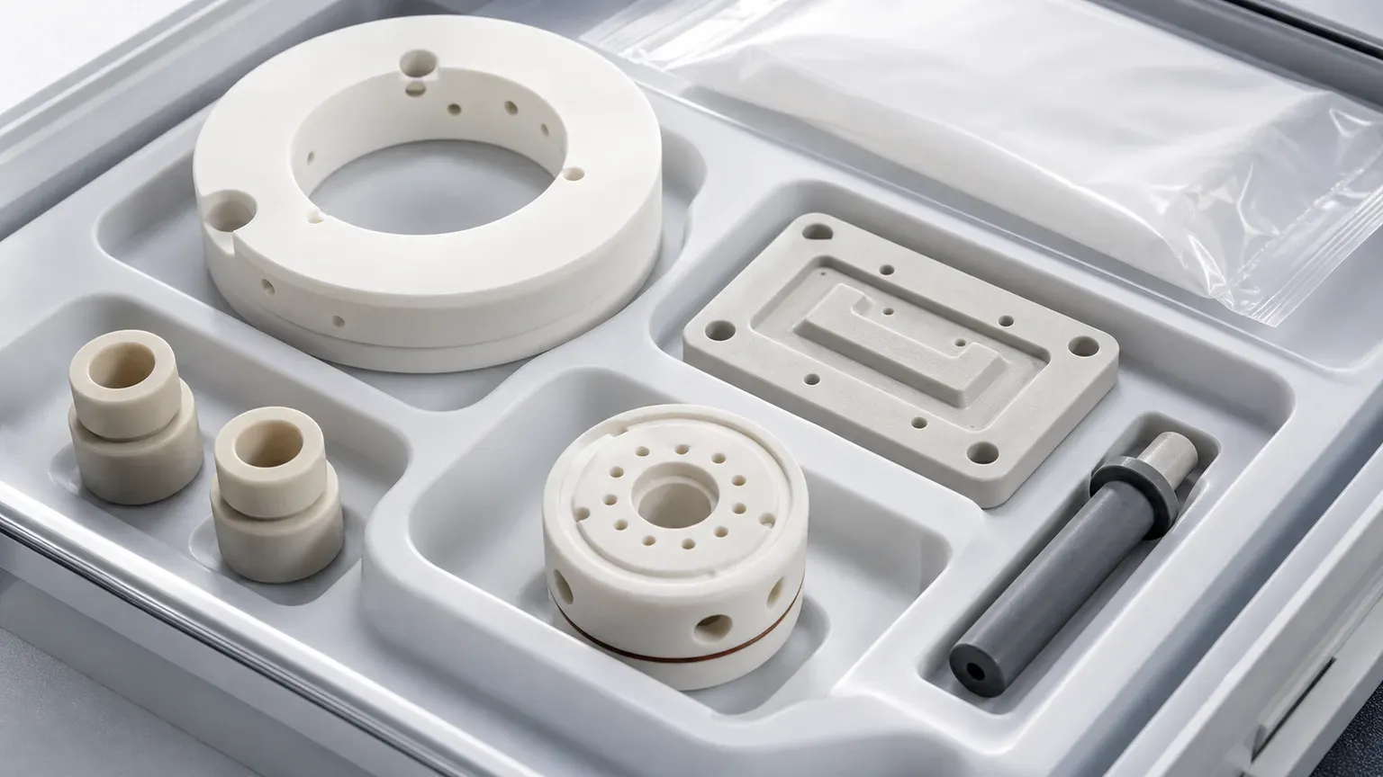 Clean tray packaging for precision ceramic sensor and measurement-device components before incoming inspection