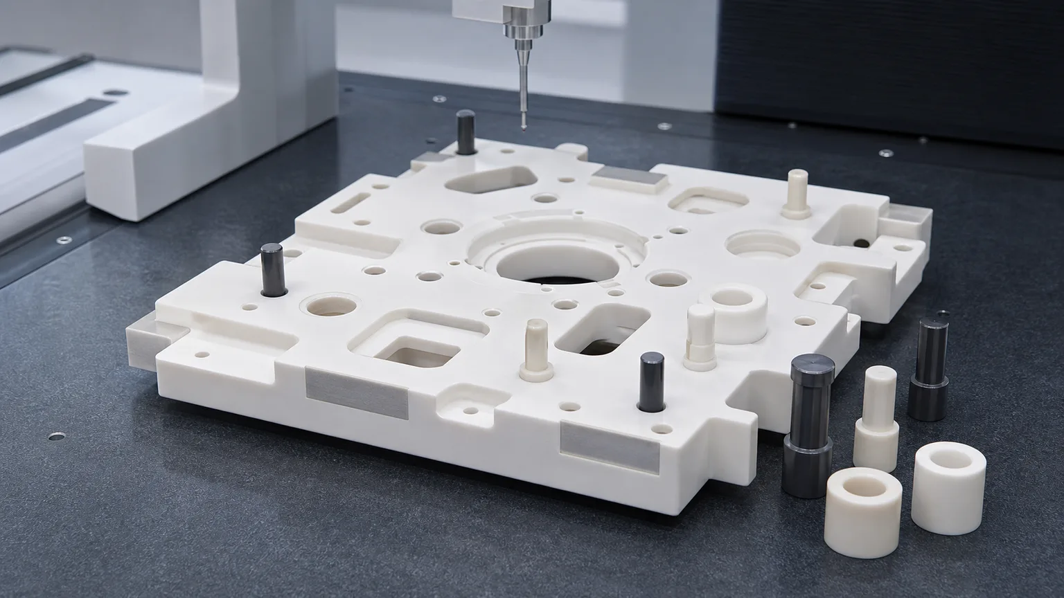 Illustrative render of a ceramic fixture plate with locating pins