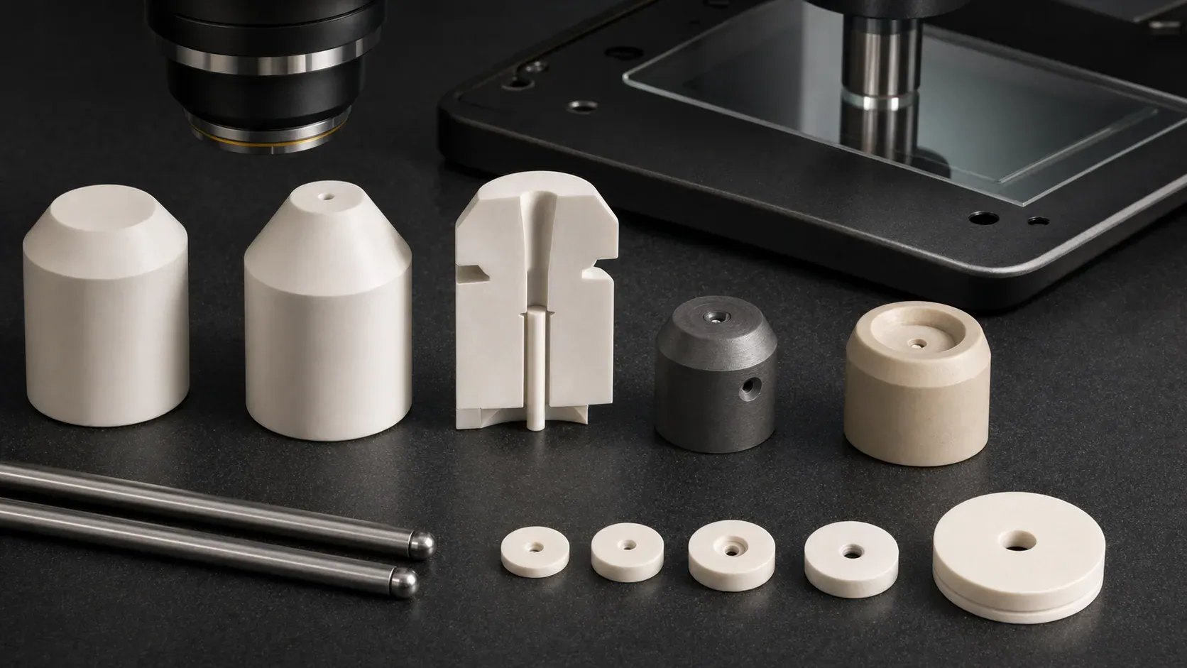 Macro feature-detail view of precision ceramic nozzle bores, orifice inserts, chamfers, cutaway geometry, and optical inspection