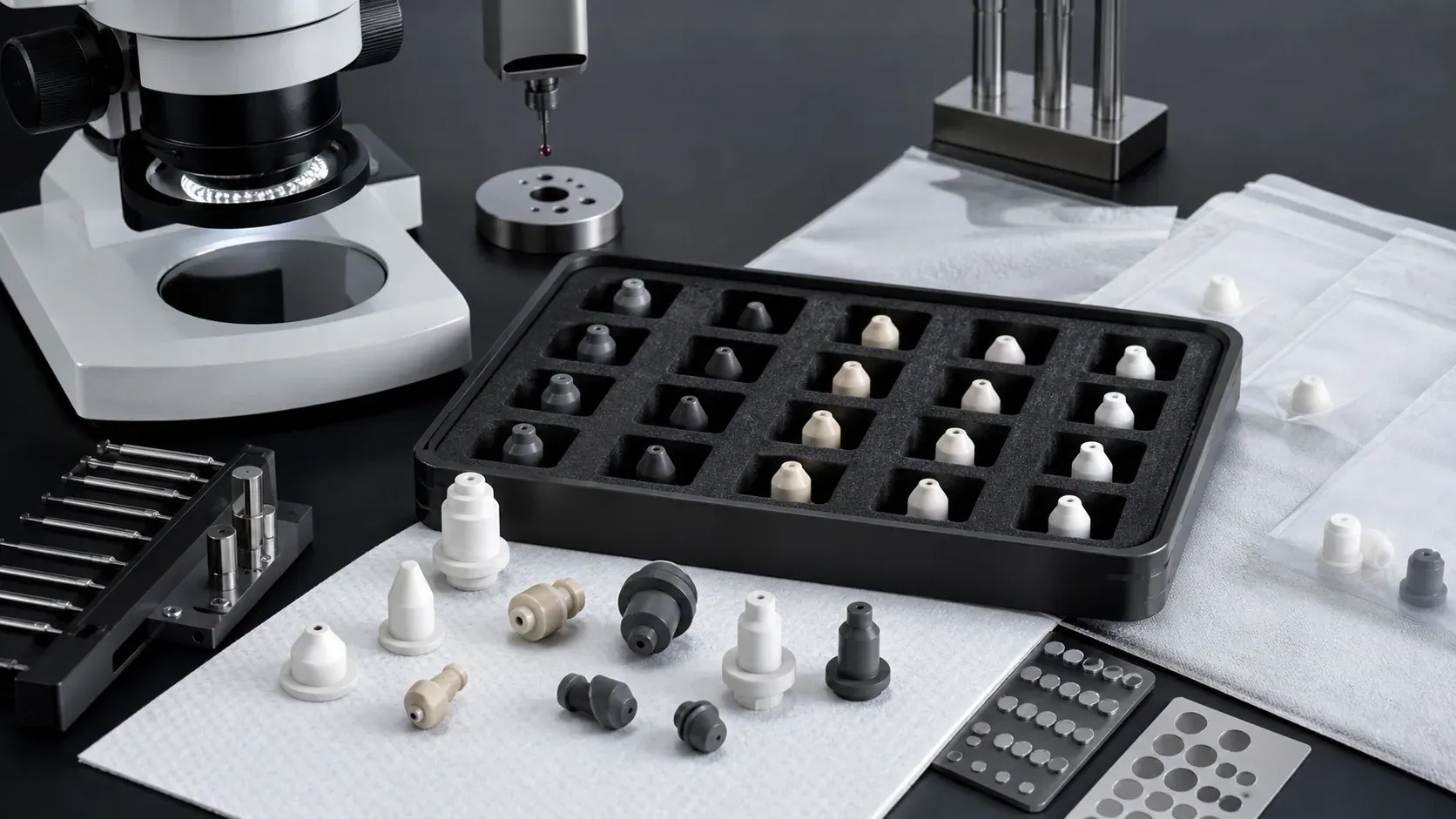 Inspection and protected packaging setup for precision ceramic nozzles with microscope, CMM probe, pin gauges, clean trays, and separated bagging