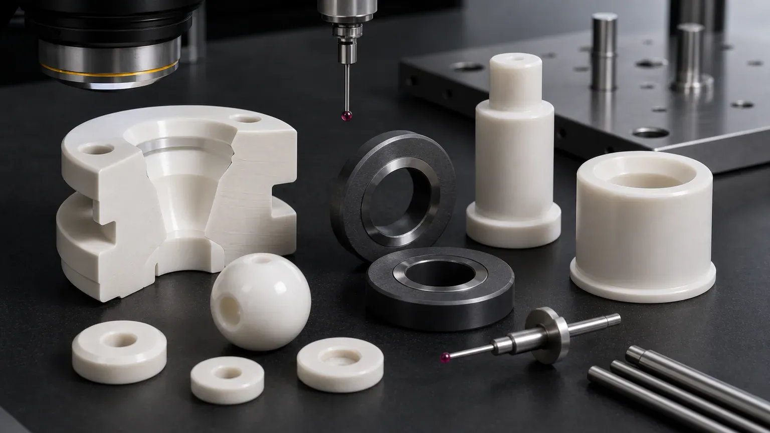 Macro feature-detail view of ceramic valve seat geometry, zirconia ball, SiC lapped seal faces, pump plunger, guide sleeve, and inspection probes