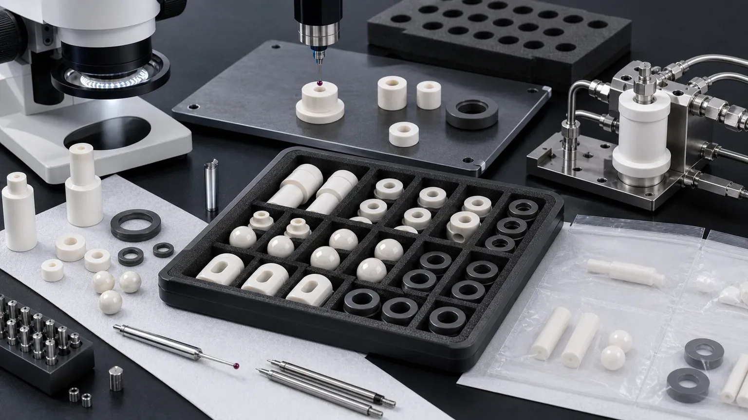 Inspection and clean packaging setup for ceramic pump and valve components with lapped seal faces, valve balls, seats, plungers, sleeves, CMM probe, microscope, trays, and separated bags