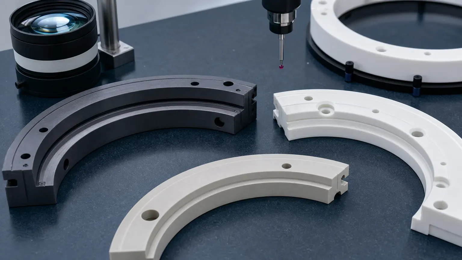 Precision ceramic process chamber ring feature map with SiC and alumina ring segments, grooves, lapped bands, mounting holes, and CMM inspection probe