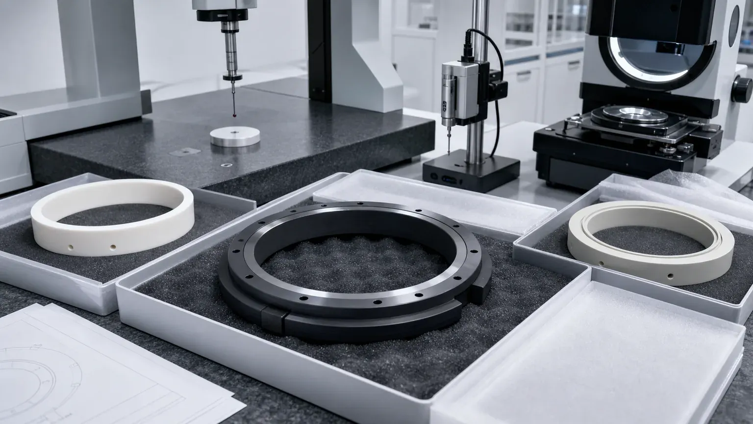 Inspection gate for precision ceramic semiconductor process chamber rings with SiC ring in protected tray, alumina ring, metrology probes, optical inspection, and clean packaging