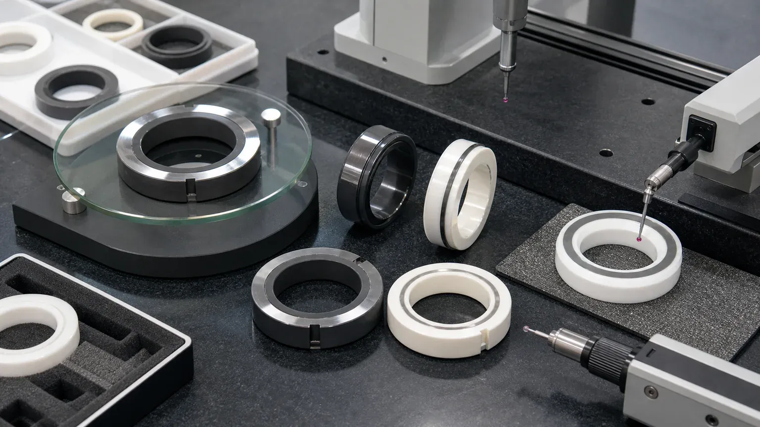 Metrology inspection of ceramic seal faces with optical flat, roughness measurement, CMM probe, lapped annular bands, central bores, anti-rotation slots, and protected ceramic surfaces