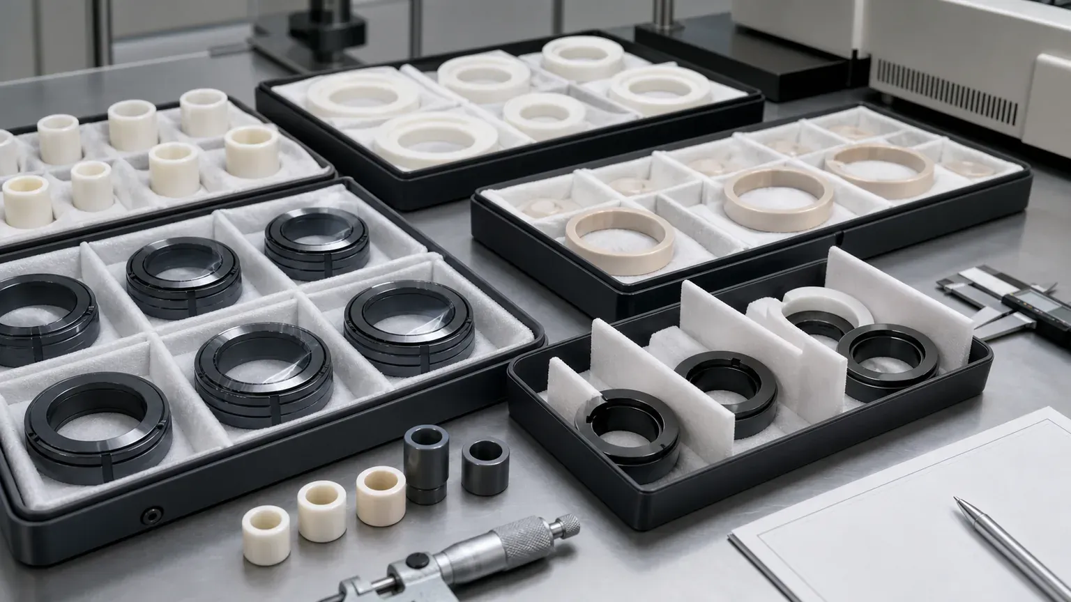Clean packaging trays for matched silicon carbide seal faces, alumina seal rings, zirconia mating rings, protected lapped faces, soft separators, and inspection-ready ceramic components