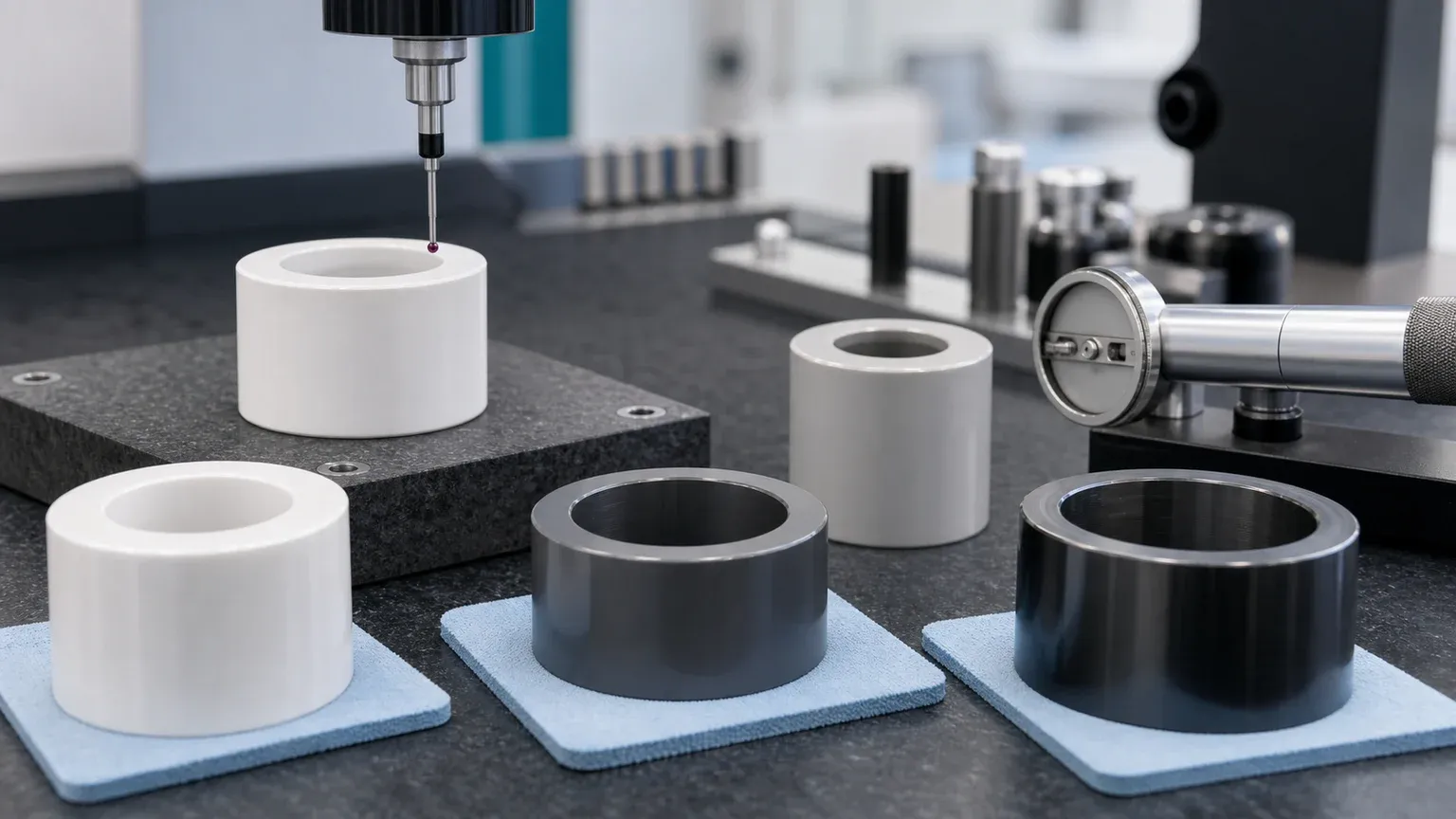 Inspection setup for ceramic bushings, sleeves, bores, roundness, ID/OD alignment, and surface finish