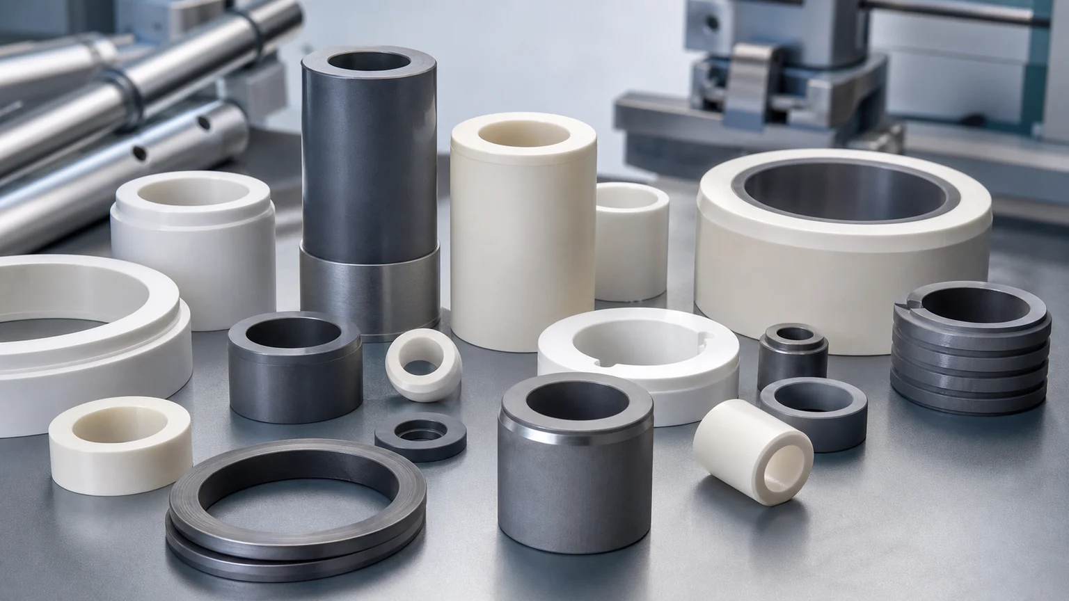 Illustrative white and grey ceramic sleeves, bushings, and rings of different sizes on a workbench